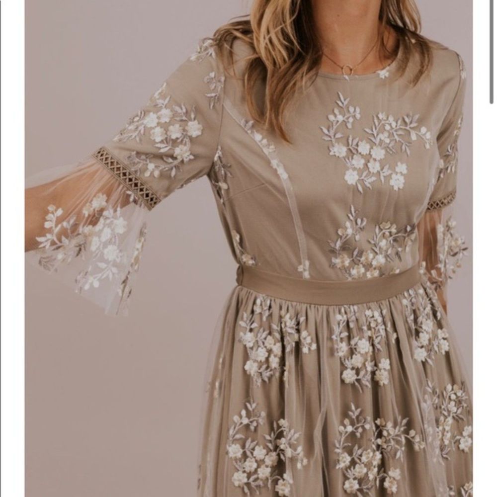 Roolee Floral Embroidered Midi Dress in Tan and White